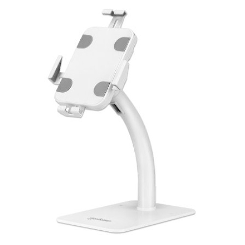 Manhattan Desktop Kiosk Stand (Anti theft) for Tablet and iPad, Universal, 360 Rotation, Tilt +20 to -110, White, Lockable, Countertop Holder for 7.9 to 11 Tablets, Extendable clamps: height 200 to 246mm/width 129 to 181mm, Lifetime warranty