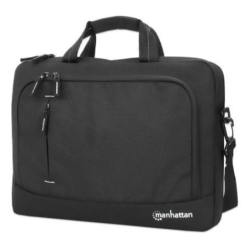 Manhattan Helsinki Eco Friendly Laptop Bag 14.1, Top Loader, Black, Padded Notebook Compartment, Front and Multiple Interior Pockets, Padded Handle, Trolley Strap, Recycled Materials, Black, Shoulder Strap (removable), Notebook Case, Three Year Warranty