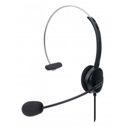 Manhattan Mono On-Ear Headset (USB), Microphone Boom (padded), Polybag Packaging, Adjustable Headband, In-Line Volume Control, Ear Cushion, USB-A for both sound and mic use, cable 1.5m, Three Year Warranty