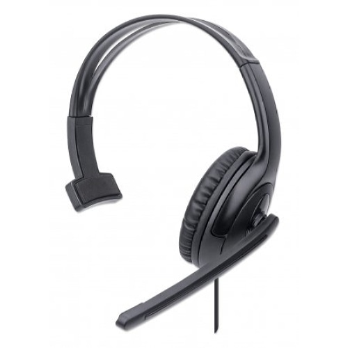 Manhattan Mono Over-Ear Headset (USB), Microphone Boom (padded), Polybag Packaging, Adjustable Headband, In-Line Volume Control, Ear Cushion, USB-A for both sound and mic use, cable 1.5m, Three Year Warranty