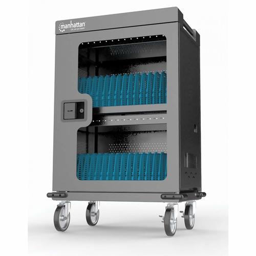 Manhattan Charging Cabinet/Cart via USB-C x32 Devices, Trolley, Power Delivery 18W per port (576W total), Suitable for iPads/other tablets/chromebooks up to 15.6, Bays 380x30x280mm, Device charging cables not included, Lockable (PIN code), EU & UK power cords