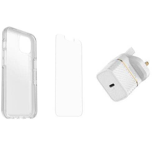 OtterBox Symmetry Clear + Alpha Glass Anti-Microbial + UK USB-C Wall Charger 20W Series for Apple iPhone 13, transparent