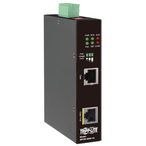 Tripp Lite NPOEI-60W-1G Industrial Gigabit Ethernet PoE injector, 60W PoE++, 802.3bt, Midspan, -40? to +75?, IP30 housing, Dual 24-57VDC , DIN rail, 1 Port