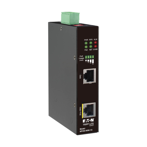 Tripp Lite NPOEI-90W-1G Industrial Gigabit Ethernet PoE injector, 90W PoE++, 802.3bt, Midspan, -40? to +75?, IP30 housing, Dual 24-57VDC , DIN rail, 1 Port