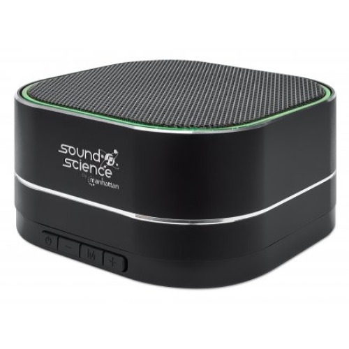 Manhattan Metallic Bluetooth Speaker (Clearance Pricing), Microphone, FM Radio, Decent Sound Output (3W), 6 hour Playback time, Integrated Controls, Range 10m, microSD card reader, Aux 3.5mm, USB-A charging cable incl, Black, Bluetooth 5.0, 3 Years Warranty