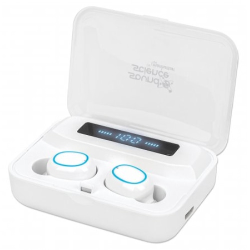 Manhattan Bluetooth In-Ear Headphones (Clearance Pricing), White, Microphone, Integrated Controls, Sweatproof, Noise Isolating, 5 hour usage time, Max Range 10m, Charging Case with Powerbank (1200mAh), Bluetooth v5.0, USB-A charging cable included, 3 Year Warranty