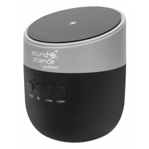 Manhattan Metallic Bluetooth Speaker with Wireless Charging Pad (Clearance Pricing), Decent Sound Output (3W), 3 hour Playback time, Wireless Pad 5W, Integrated Controls, Range 10m, microSD card reader, USB-A charging cable incl, Bluetooth 5.0, 3 Years Warranty