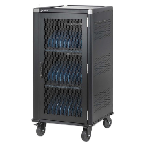 Manhattan Laptop Charging Cabinet Trolley/Cart via USB-C 65W 15.6 30-bay, Suitable for USB-C laptops (to 15.6), iPads, MacBooks, Chromebooks, other USB-C devices, Bays 395x32.5x290mm, USB-C charging cables included,Cabinet, UK & EU