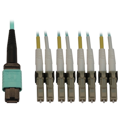 Tripp Lite N844X-02M-8L-P 40/100/400G Multimode 50/125 OM3 Fiber Optic Cable (12F MTP/MPO-PC to 4x Duplex LC/PC F/M), LSZH, Aqua, 2 m (6.6 ft.)