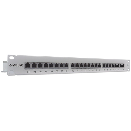 Intellinet Patch Panel, Cat6, FTP, 24-Port, 1U, Shielded, 90 Top-Entry Punch-Down Blocks, Grey