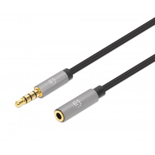 Manhattan Stereo Audio 3.5mm Extension Cable, 1m, Male/Female, Slim Design, Black/Silver, Premium with 24 karat gold plated contacts and pure oxygen-free copper (OFC) wire, Lifetime Warranty, Polybag