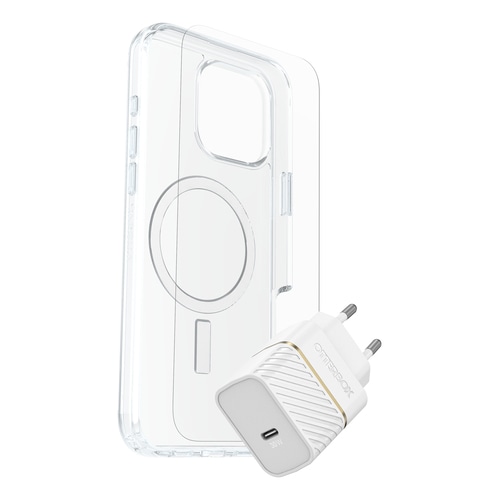 OtterBox Symmetry Series Clear for MagSafe + Premium Glass + Fast Charge Wall Charger USB-C 30W Type C
