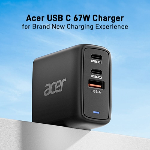 Acer 67W PD Charger, USB Port: 2C+1A, UK Plug, 100W USB-C Cable, Black