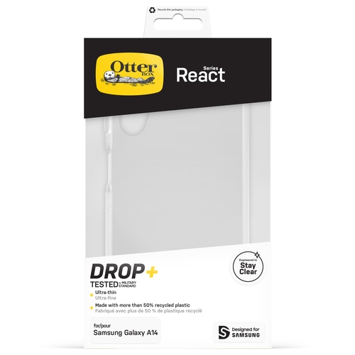 OtterBox React Case for Galaxy A14, Shockproof, Drop proof, Ultra-Slim, Protective Thin Case, Tested to Military Standard, Antimicrobial Protection, Clear