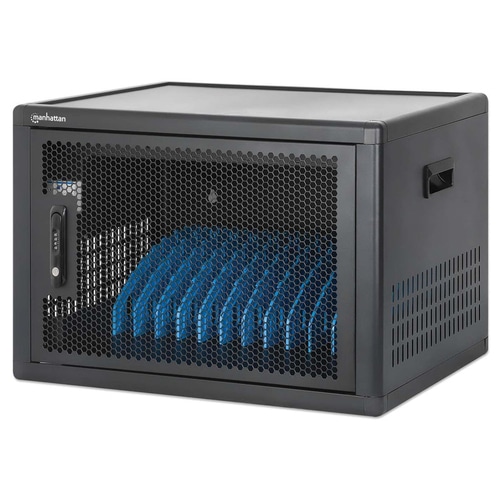 Manhattan Laptop Charging Cabinet Desktop (or trolley) via USB-C 65W 15.6 12-bay, Suitable for USB-C laptops (to 15.6), iPads, MacBooks, Chromebooks, other USB-C devices, Bays 395x32.5x290mm, USB-C charging cables included,Cart, UK & EU