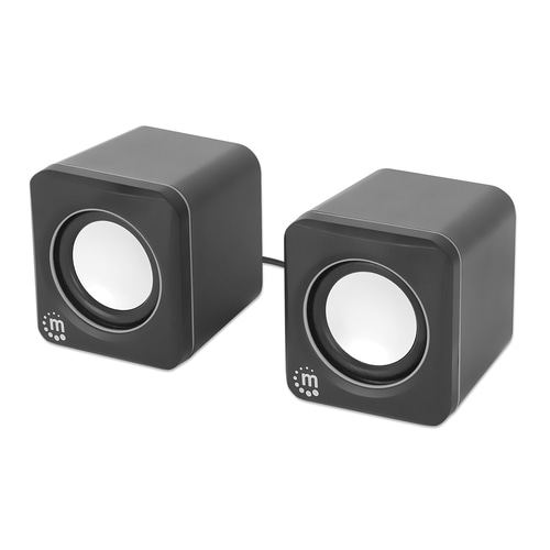 Manhattan 2600 Series Speaker System, Two Speakers, Black/Silver, USB for Stereo Audio and Power, Output: 2x 3W, Decent Sound, Integrated rotary volume control, USB-C/USB-A Adapter, Cable 1.4m