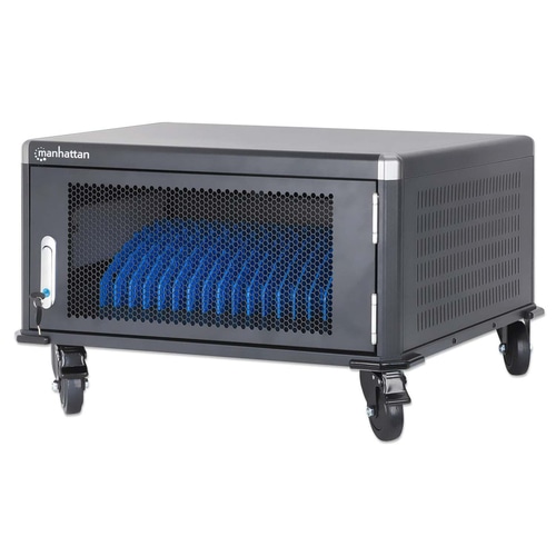Manhattan Laptop Charging Cabinet Desktop via AC Adapter (UK) x20 Bay, Install device's AC Adapter (power cables) into unit, Suitable for ALL laptops (to 15.6), iPads, MacBooks, Chromebooks, other USB-C devices, Bays 380x30x280mm, Cart, Lockable
