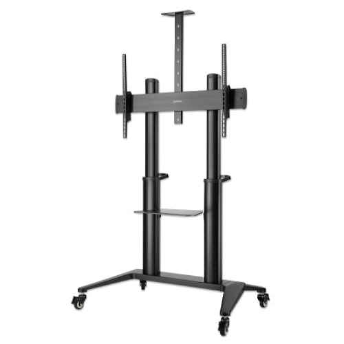 Manhattan TV & Monitor Mount, Trolley Stand, 1 screen, Screen Sizes: 70-120, Black, VESA 200x200 to 1000x600mm, Max 140kg, Height adjustable 1250 to 1600mm, Camera and AV shelves, Aluminium, LFD, Lifetime Warranty