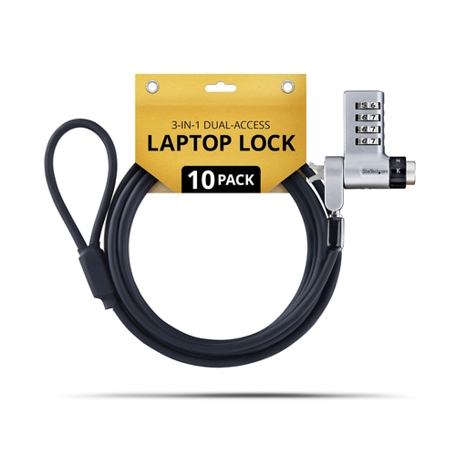 StarTech.com 10-Pack 3-in-1 Dual-Access Laptop Lock, 6.6ft (2m) Keyed Alike/Combination Security Cable Lock for Noble Wedge/Nano/K-Slot; Anti-Theft, TAA
