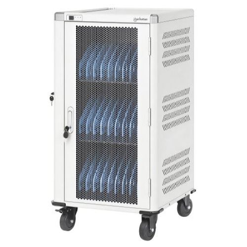 Manhattan Laptop Charging Cart/Trolley via AC Adapter (UK) 30-bay, Install device's AC Adapter (power cables) into unit, Suitable for ALL laptops (to 15.6), iPads, MacBooks, Chromebooks, other portable devices, Bays 380x30x280mm, White, Cabinet, Lockable