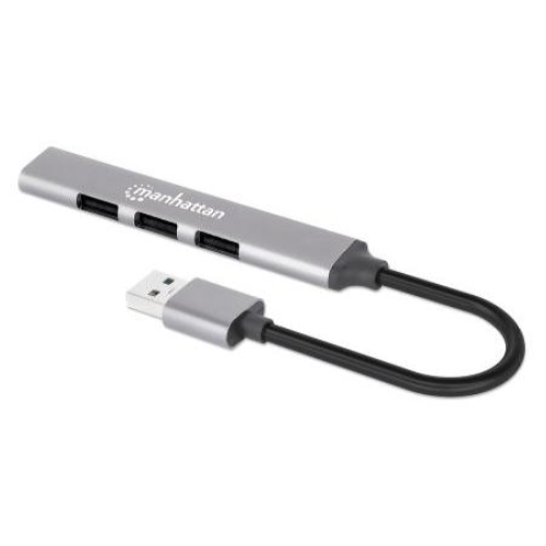 Manhattan USB-A 4-Port Hub, 4x USB-A Ports (1x 5 Gbps USB 3.2 Gen1 aka USB 3.0, 3 x 480 Mbps USB 2.0), Bus Powered, Aluminium, Space Grey, Three Year Warranty, Blister