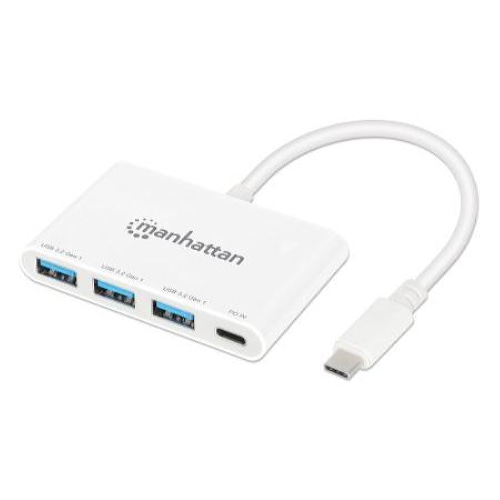 Manhattan USB-C Dock/Hub, Ports (4): USB-A (x3) and USB-C, 5 Gbps (USB 3.2 Gen1 aka USB 3.0), With Power Delivery (100W) to USB-C Port (Note additional USB-C wall charger and USB-C cable needed), SuperSpeed USB, White, PD, Three Year Warranty, Retail Box