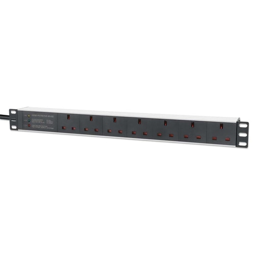 Intellinet 19 1U PDU 7-way UK, Surge Protection, Rackmount, Power Distribution Unit, UK 3-pin outlets, 3m power cord, output