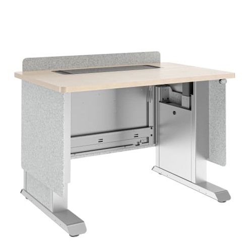 Middle Atlantic Products Forum Lectern, 42 Wide, Electrically Height Adjustable, Wilsonart Kensington Maple, Magnesium Powdercoat, Silver Gray Felt with Power for France