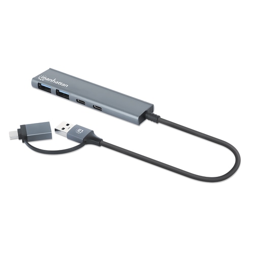 Manhattan USB-C & USB-A Combo Dock/Hub, Ports (4): USB-A (x2) and USB-C (x2), 5 Gbps (USB 3.2 Gen1 aka USB 3.0), External Power Supply Not Needed, Universal for all devices, Aluminium, SuperSpeed USB, Space Grey, Three Year Warranty