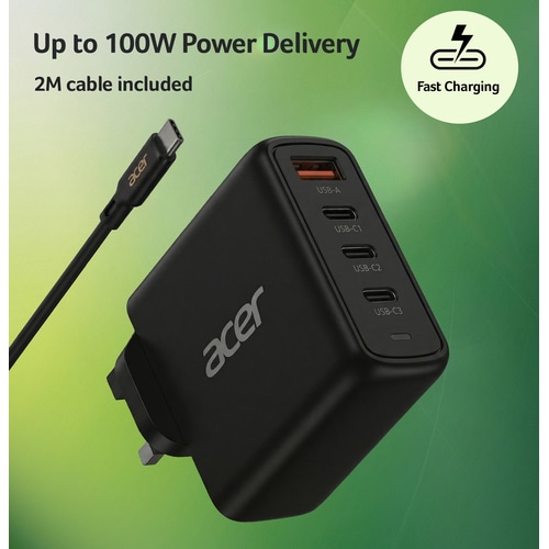 Acer 100W PD Charger, USB Port: 3C+1A, UK Plug, 100W USB-C Cable, Black