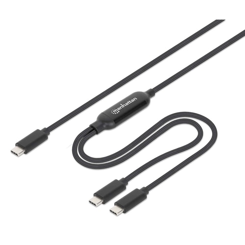 Manhattan Dual USB-C to USB-C Charging Cable, 100W, 2m, Male to Two Males, Smart Power Splitter Cable, Charges Two Devices from One USB-C PD Port, Delivers up to 100W for single charging and up to 70W + 28W for dual charging, Braided Jacket, Aluminum Boot, Black