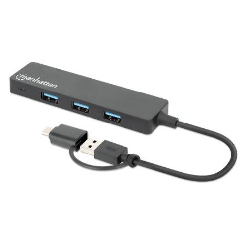 Manhattan USB-C & USB-A Combo Dock/Hub, Ports (4): USB-A (x4), 5 Gbps (USB 3.2 Gen1 aka USB 3.0), External Power Supply Not Needed, SuperSpeed USB, Black, Three Year Warranty, Retail Box