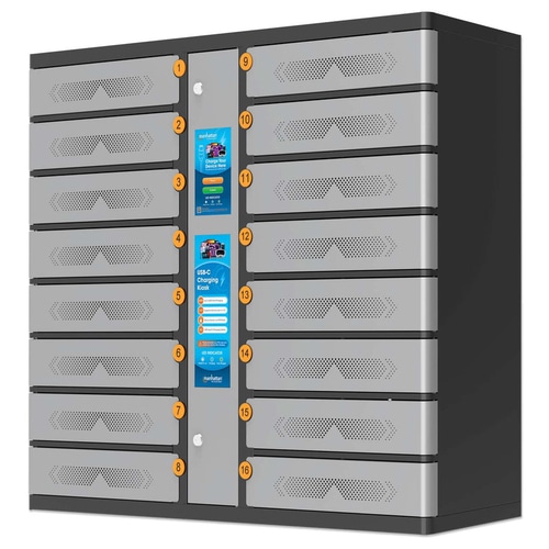 Manhattan Kiosk Individual compartment Laptop Cabinet USB-C 15.6 16-bay via USB-C 65W, Suitable for USB-C laptops (to 17.3), iPads, MacBooks, Chromebooks, other USB-C devices, Bays 428x328x120mm, USB-C charging cables included,Cabinet, UK & EU