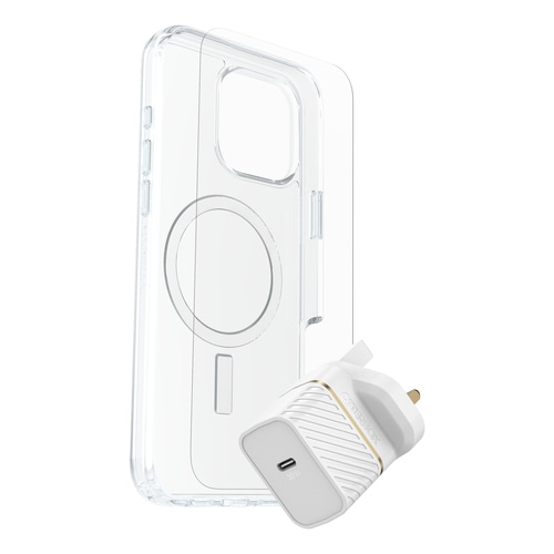 OtterBox Symmetry Series Clear for MagSafe + Premium Glass + Fast Charge Wall Charger USB-C 30W Type C