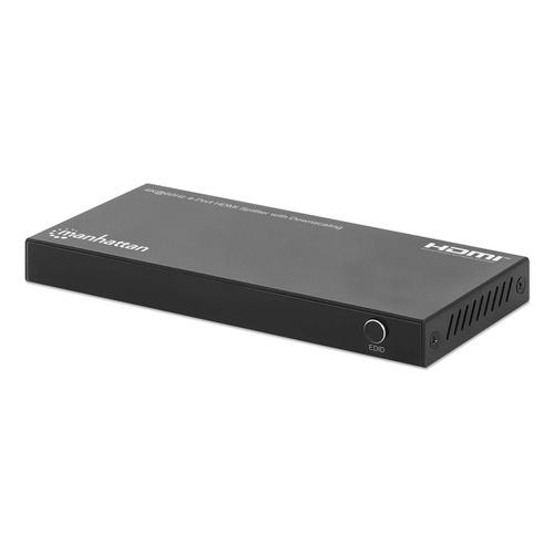 Manhattan HDMI Splitter with downscaling 4-Port , 4K@60Hz, Displays output from x1 HDMI source to x4 HD displays (same output to four displays), Downscale button to adjust a 4K input signal into 1080p, Micro-USB to USB-A power cable included (cable 0.8m), Black