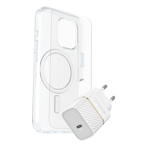 OtterBox Symmetry Series Clear for MagSafe + Premium Glass + Fast Charge Wall Charger USB-C 30W Type C