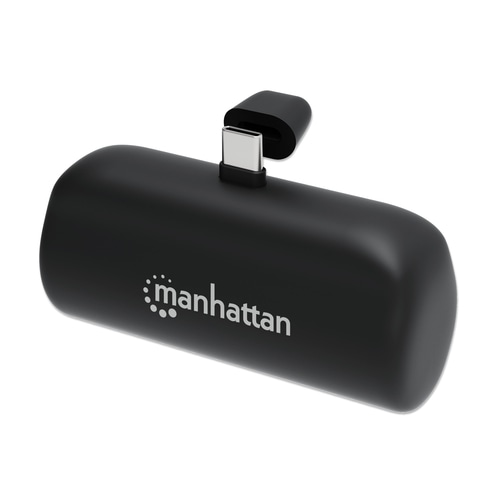 Manhattan Power Bank with integrated USB-C plug, 5000 mAh, Up to 10W output, Kickstand for Use as Charging Phone Holder, Black