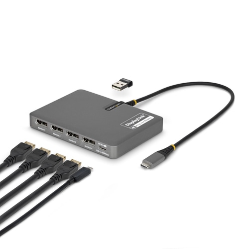 StarTech.com USB-C to Quad-Monitor Workstation Adapter, 4K 60Hz DisplayPort, 140W PD Passthrough for Laptop Charging, USB Port for Wireless Keyboard / Mouse, TAA